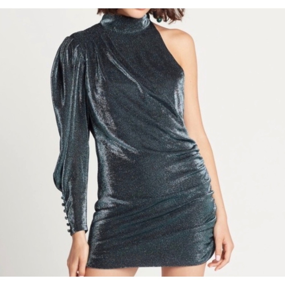 Choosy Teal Metallic One Shoulder Mini Dress Shimmer Ruched Puff Sleeve Small NW